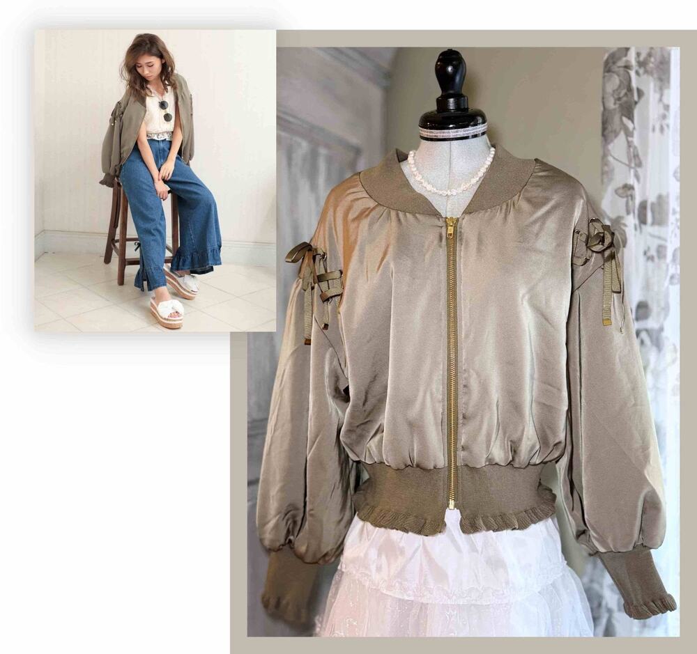 Liz Lisa Khaki Lace-up Satin Blouson Ribbon Jacket Jfashion Gyaru Himekaji Japan
